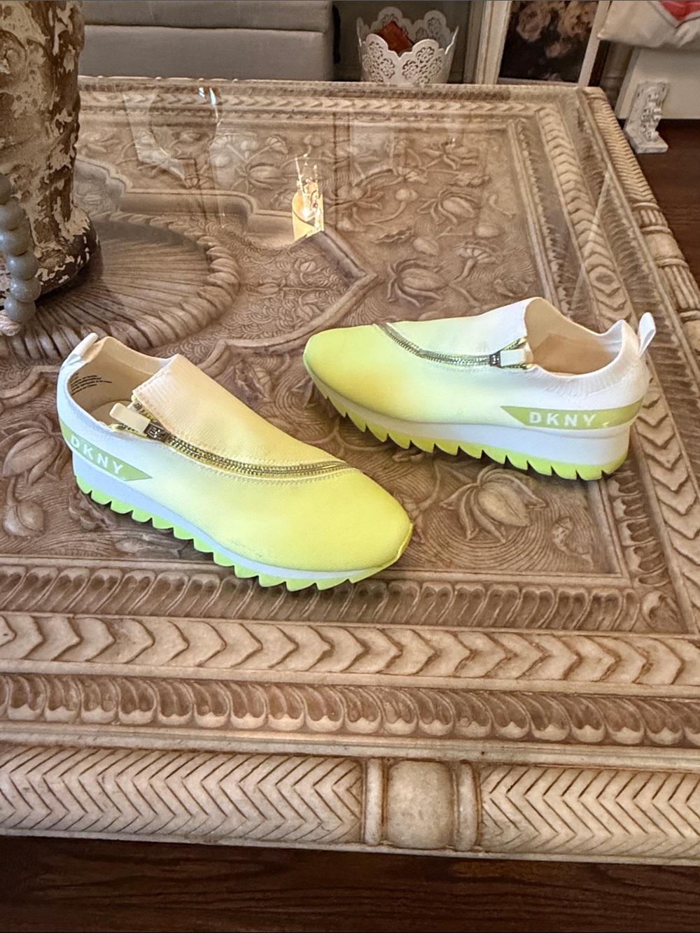 DKNY Neon Yellow and White Slip-On Platform Sneakers